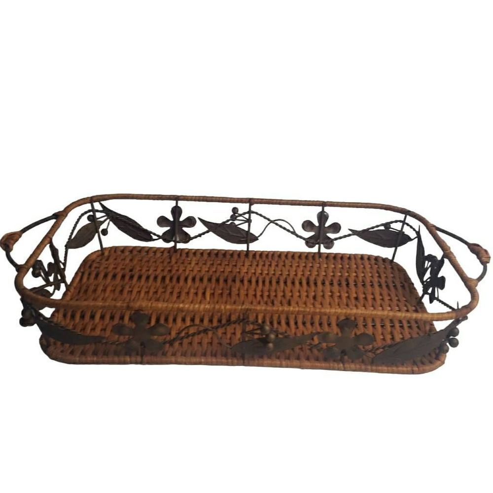 Rectangle Weaved Basket with Metal Accent Leaves and Flowers